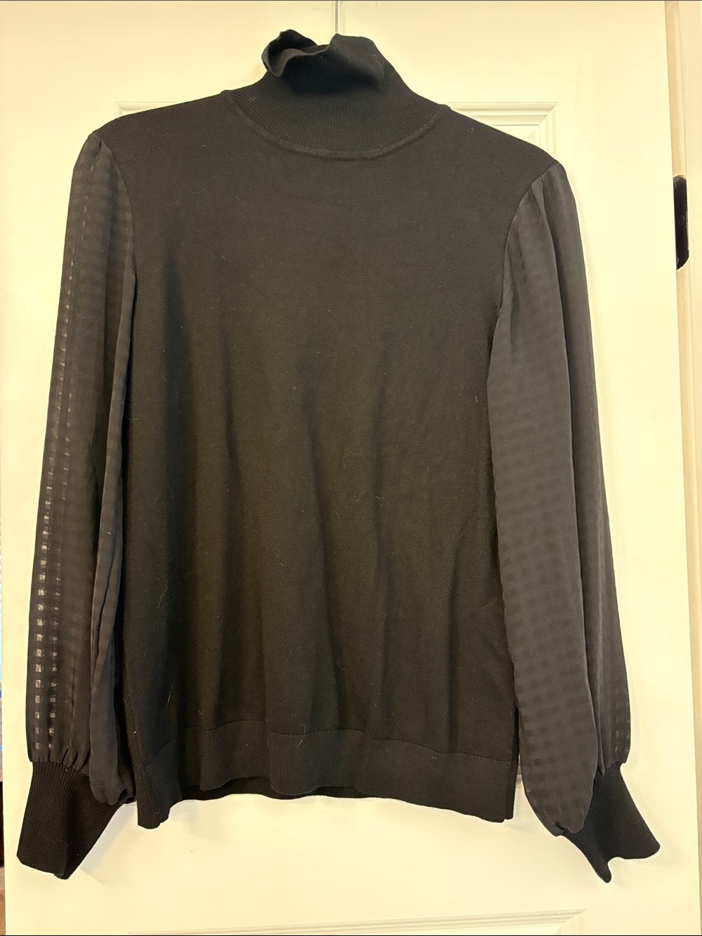 Adrianna Papell Black Turtleneck Sweater with Sheer Puff Sleeves